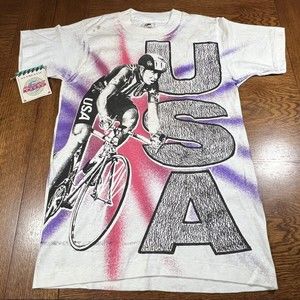 VTG 1991 USA Olympic Cyclist All Over Print Single Stitch T-shirt Medium